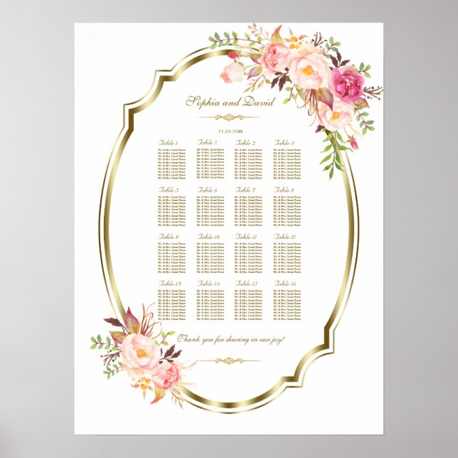 Charm Pink Blush Floral Gold Frame Seating Chart (Front)