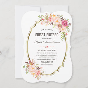 Charm Pink Blush Floral Gold Frame Sweet 16 Invitation