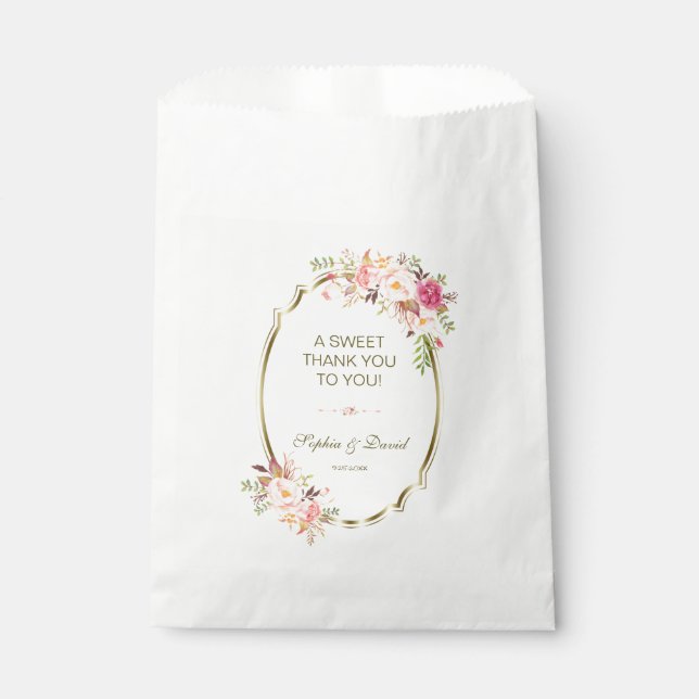 Charm Pink Blush Floral Gold Frame Wedding Favour Bag (Front)