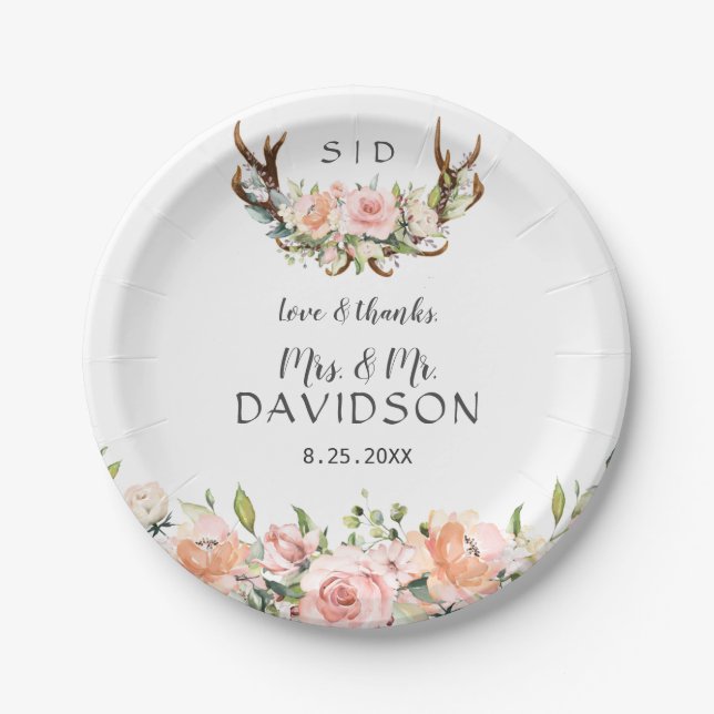 Charm Pink Blush Flowers Antlers Monogram Wedding Paper Plate (Front)
