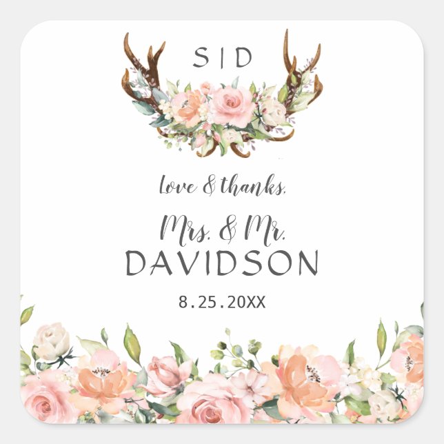 Charm Pink Blush Flowers Antlers Monogram Wedding Square Sticker (Front)