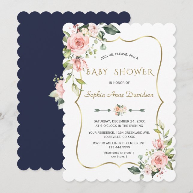 Charm Pink Blush Flowers Gold Frame Baby Shower Invitation (Front/Back)