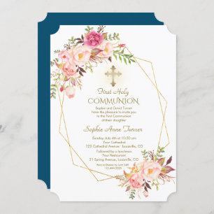 Charm Pink Blush Flowers Gold Frame Holy Communion Invitation