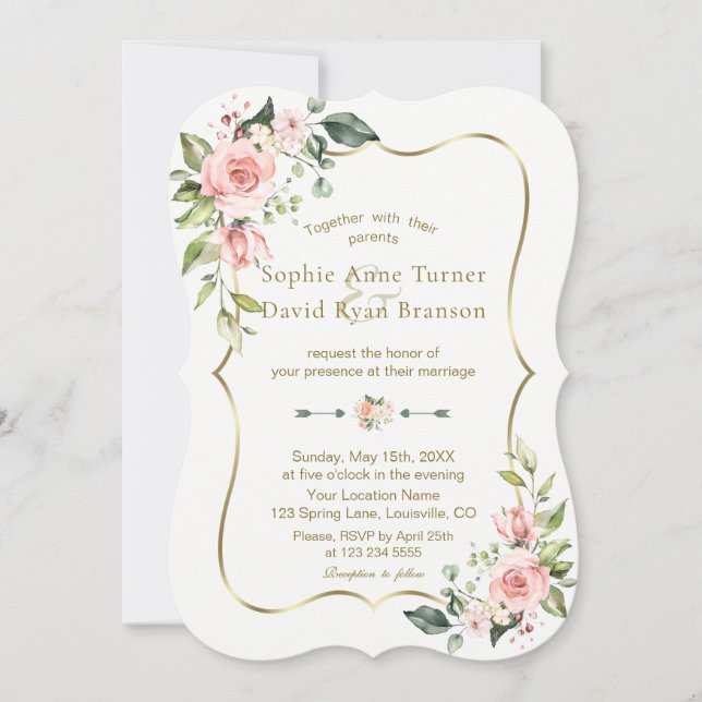 Charm Pink Blush Flowers Gold Frame Wedding Invitation (Front)