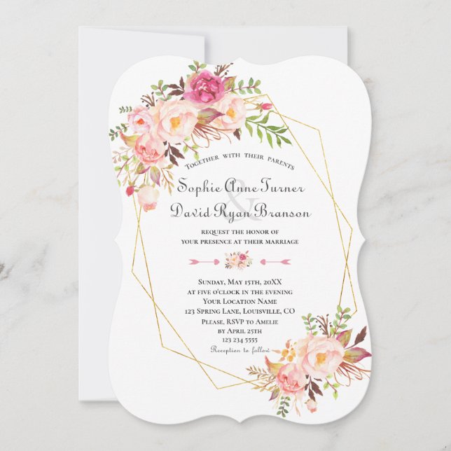 Charm Pink Blush Flowers Gold Frame Wedding Invitation (Front)