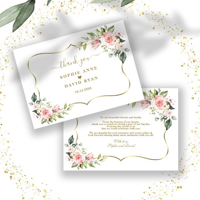 Charm Pink Blush Flowers Gold Frame Wedding Thank You Card (Creator Uploaded)