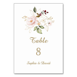 Charm Pink Blush  Gold Floral Table Number