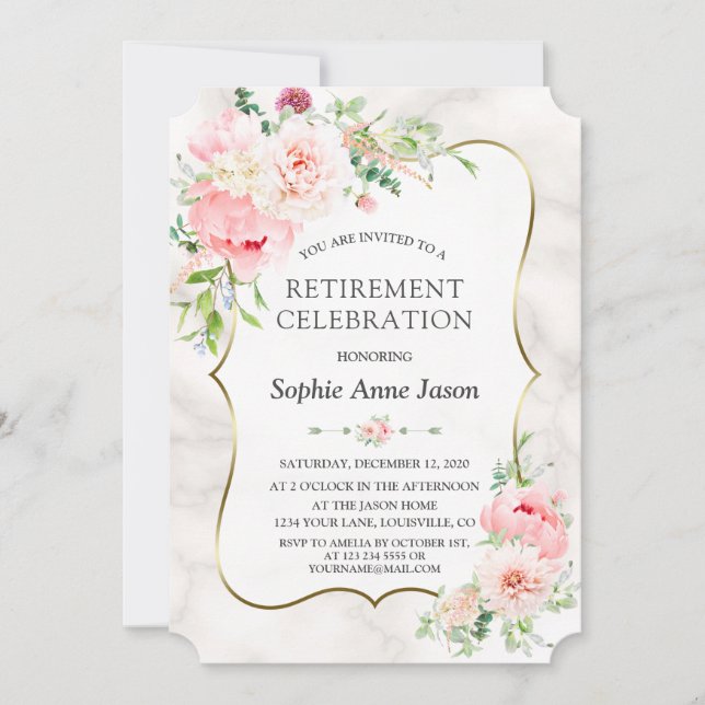 Charm Pink Blush Peonies Gold Retirement Party Invitation (Front)