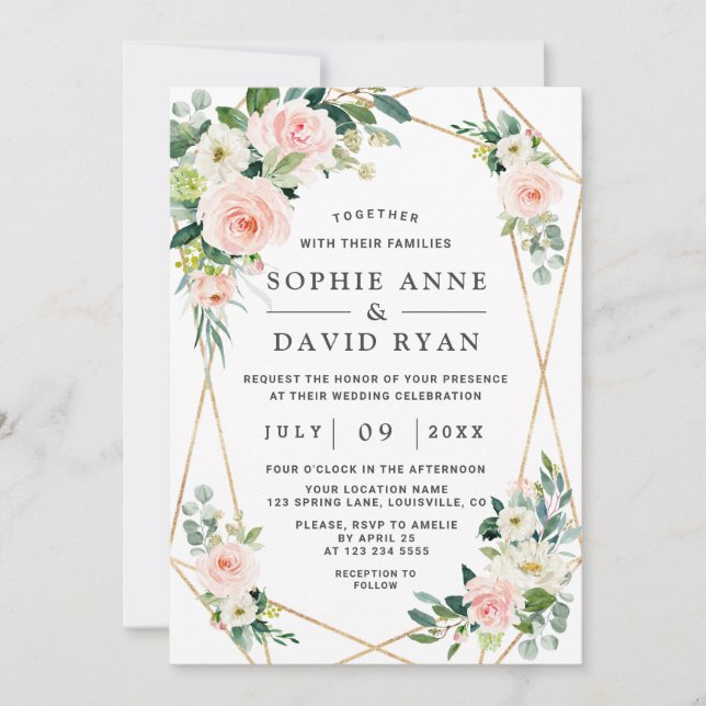 Charm Pink Blush White Flowers Gold Wedding Invitation (Front)