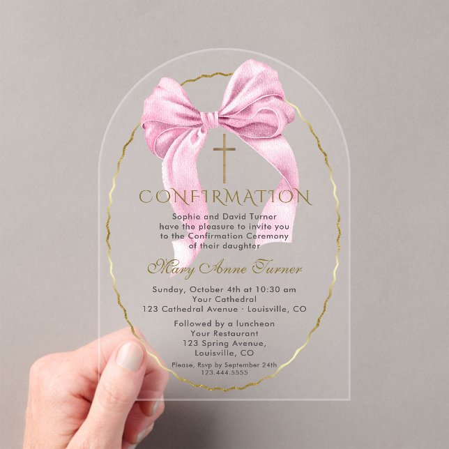 Charm Pink Bow Gold Girl Confirmation Transparent Acrylic Invitations (Insitu (Handheld))