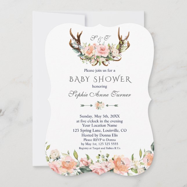 Charm Pink Cream Floral Antlers Baby Shower Invitation (Front)