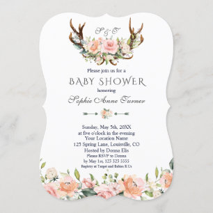 Charm Pink Cream Floral Antlers Baby Shower Invitation