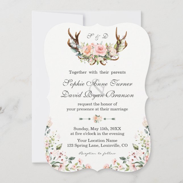 Charm Pink Cream Floral Antlers Wedding Invitation (Front)