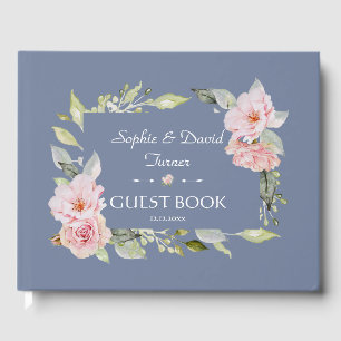 Charm Pink Floral Dusty Blue Wedding Guest Book