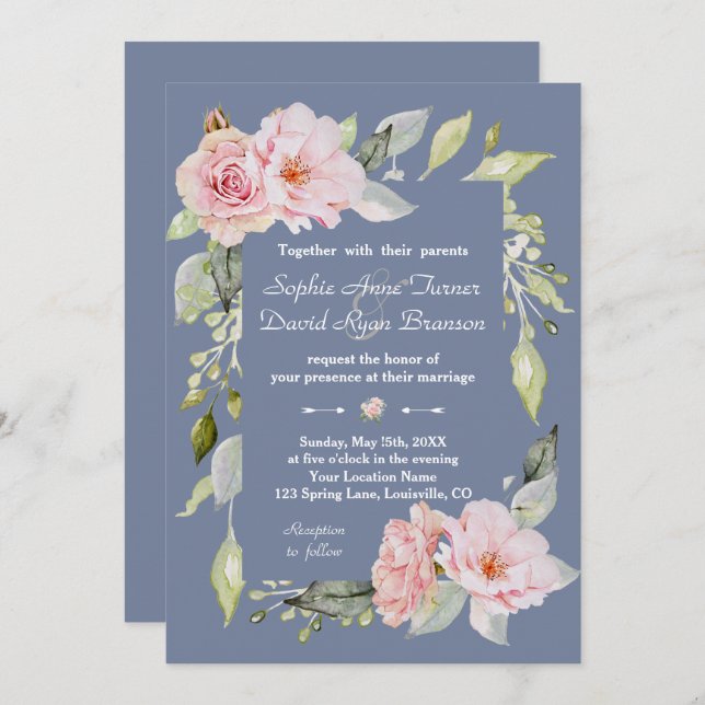 Charm Pink Floral Dusty Blue Wedding Invitation (Front/Back)