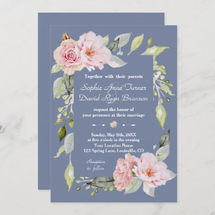 Charm Pink Floral Dusty Blue Wedding Invitation