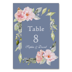 Charm Pink Floral Dusty Blue Wedding Table Number