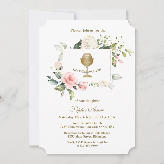 Charm Pink Flowers Frame Girl First Holy Communion Invitation (Front)