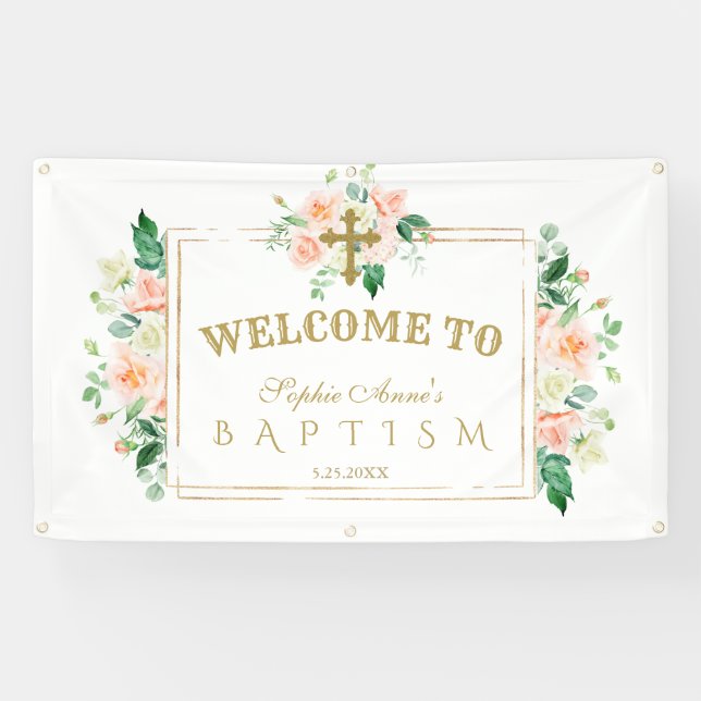 Charm Pink Flowers Gold Baptism Welcome Sign (Horizontal)