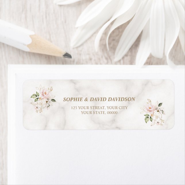 Charm Pink Gold Flowers Baptism Return Address  Label (Insitu)