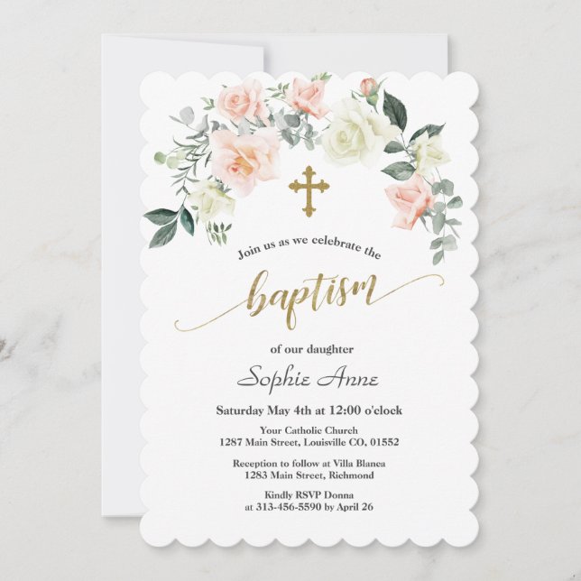 Charm Pink White Flowers Gold Cross Baptism Invitation (Front)