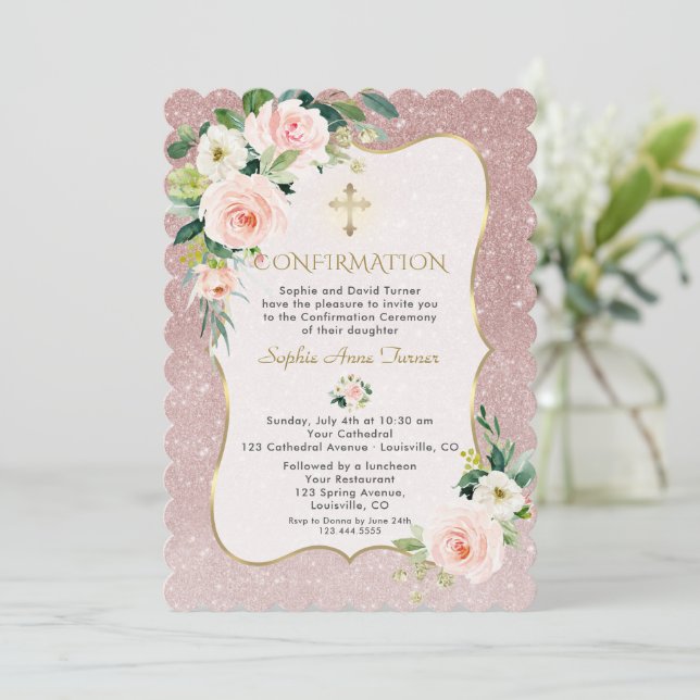 Charm Pink White Flowers Gold Girl Confirmation  Invitation (Standing Front)