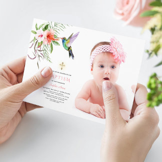 Charm Pink White Hibiscus Photo Girl Gold Baptism  Invitation