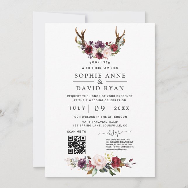 Charm QR Code Watercolour Flowers Antlers Wedding Invitation (Front)