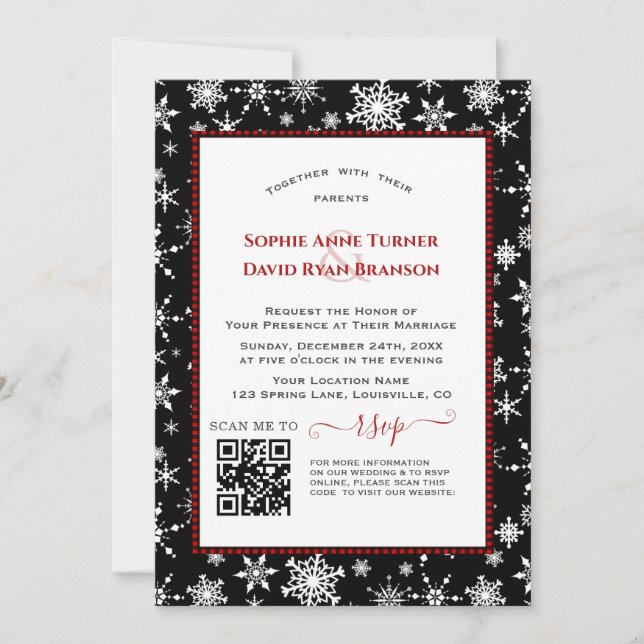Charm QR Winter Holidays Red Buffalo Wedding Invitation (Front)