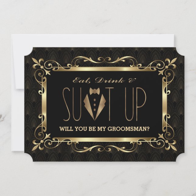 Charm Roaring 20s Gold Art Deco Be my Groomsman Invitation (Front)
