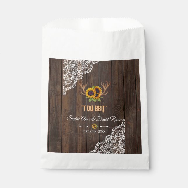 Charm Rustic Sunflowers Antlers Wood Lace I DO BBQ Favour Bag (Front)