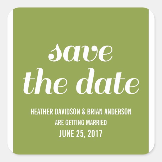 Charm Save the Date Stickers, Olive Green Square Sticker (Front)