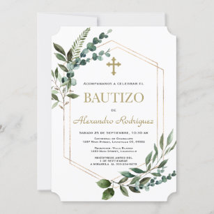 Charm Spanish Bautizo Greenery Gold Boy Baptism  Invitation