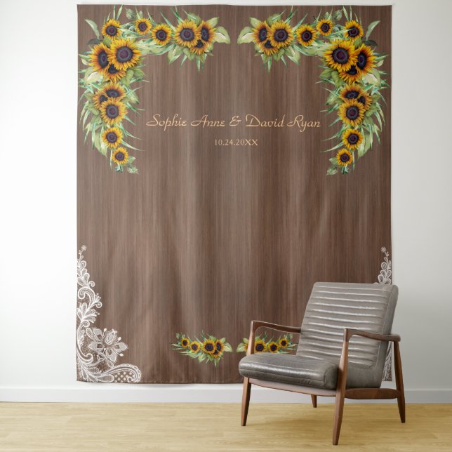 Charm Sunflowers Wedding Wood Lace Photo Booth Tapestry (In Situ)