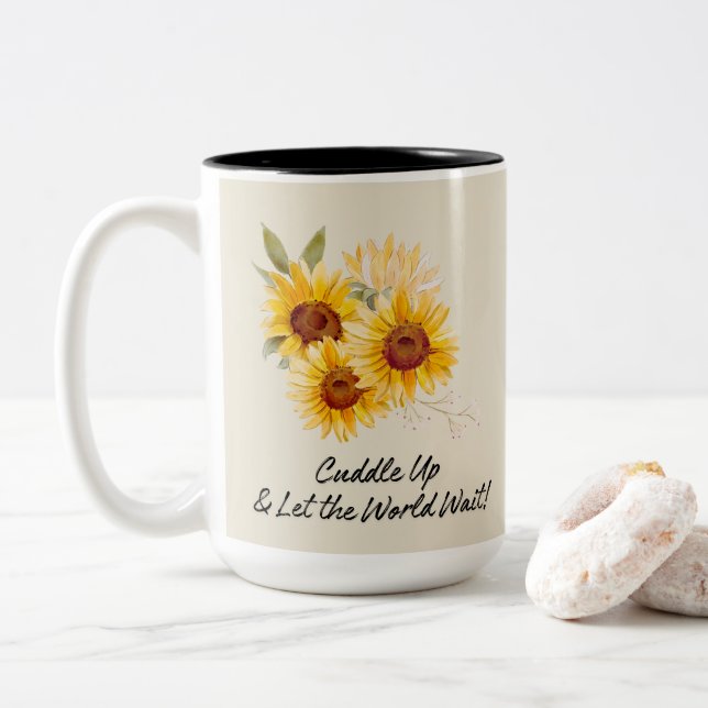 Charm Sunflowers With Quote Two-Tone Coffee Mug (With Donut)