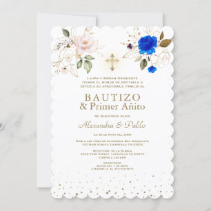Charm Twins Pink Blue Flowers Primer Añito Bautizo Invitation