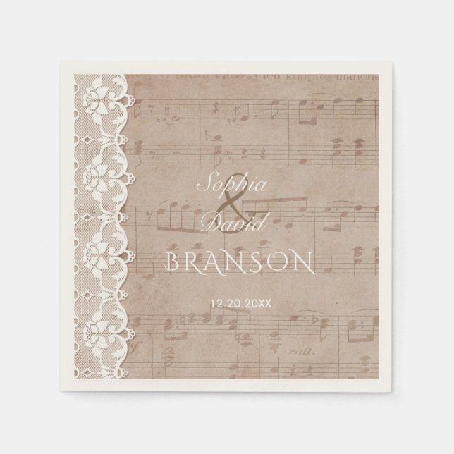 Charm  Vintage Music Sheet and Lace Wedding Napkin (Front)