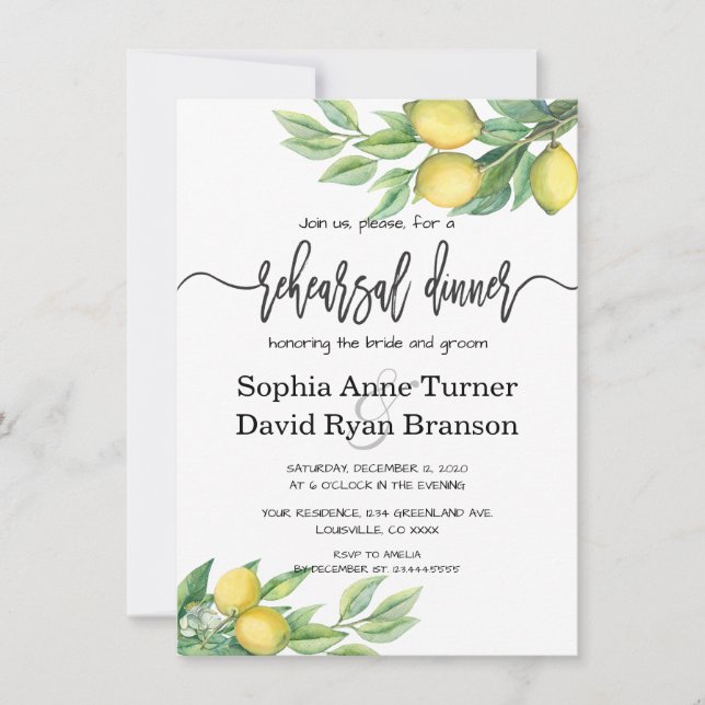 Charm Watercolor Lemon Tropical Rehearsal Dinner Invitation (Front)