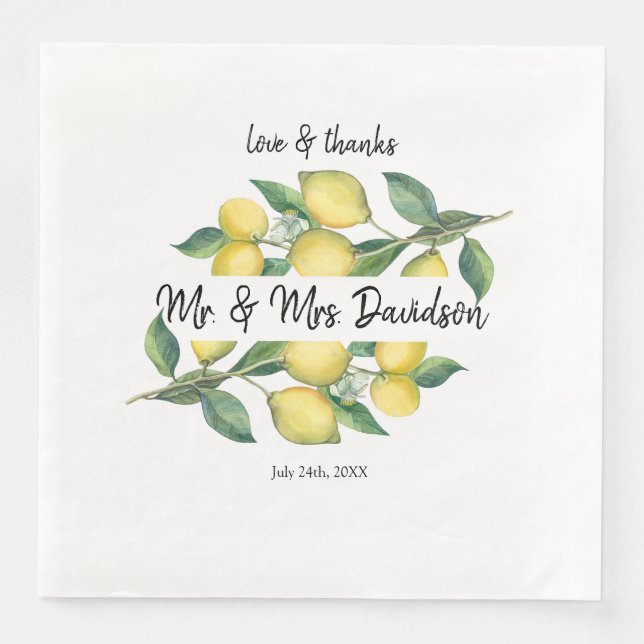 Charm Watercolor Lemon Tropical Wedding Napkin (Front)