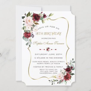 Charm Watercolour Blush Floral Gold Frame Sweet 16 Invitation