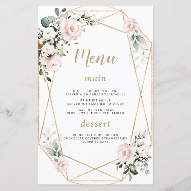 Charm Watercolour Pink Floral Gold Sweet 16 Menu (Front)