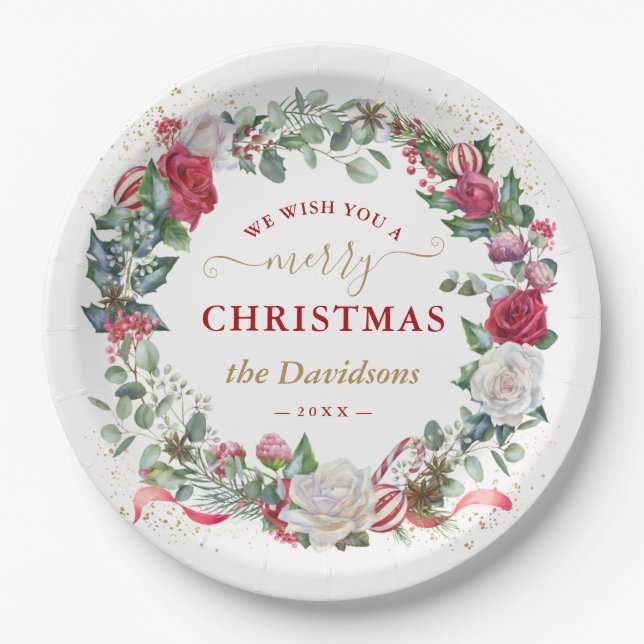 Charm We Wish You A Merry Christmas Wreath Paper Plate (Front)