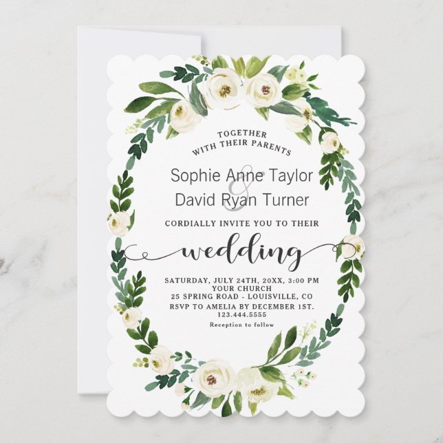 Charm White Blooming Floral Handwriting Wedding Invitation (Front)