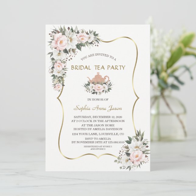 Charm White Blush Flowers Gold Bridal Tea Party  Invitation (Standing Front)