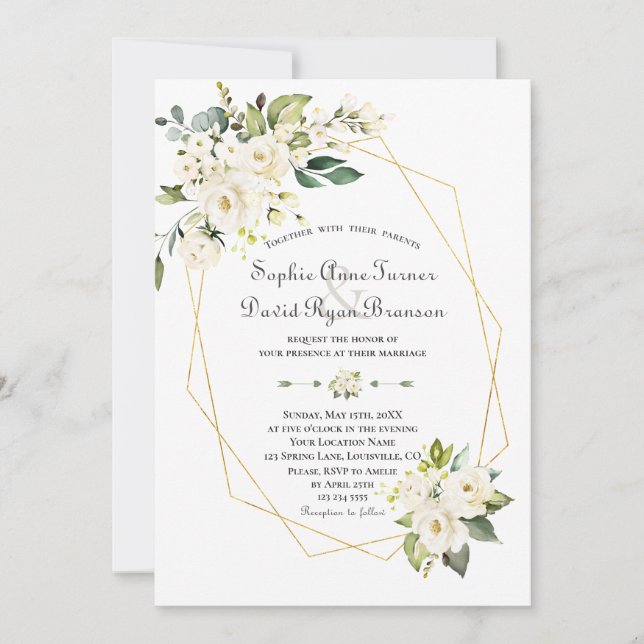 Charm White Cream Flowers Gold Frame Wedding Invitation (Front)