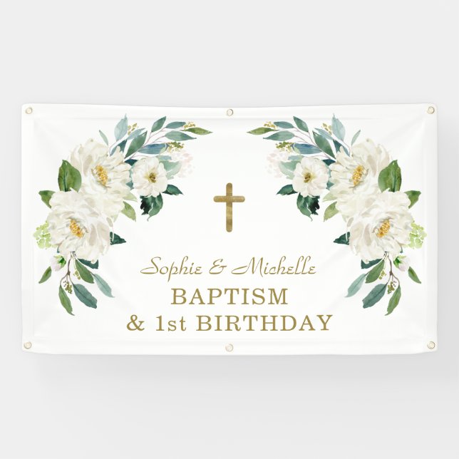 Charm White Floral Gold Cross Baptism Welcome Sign (Horizontal)
