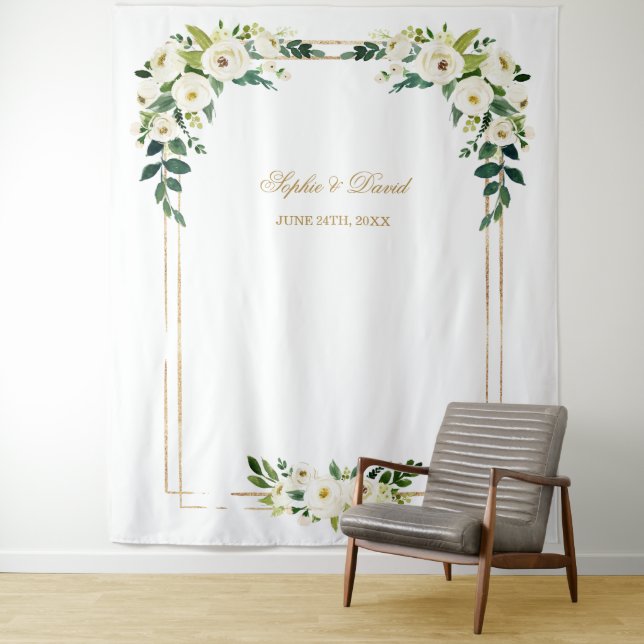 Charm White Floral Gold Frame Photo Booth Backdrop Tapestry (In Situ)
