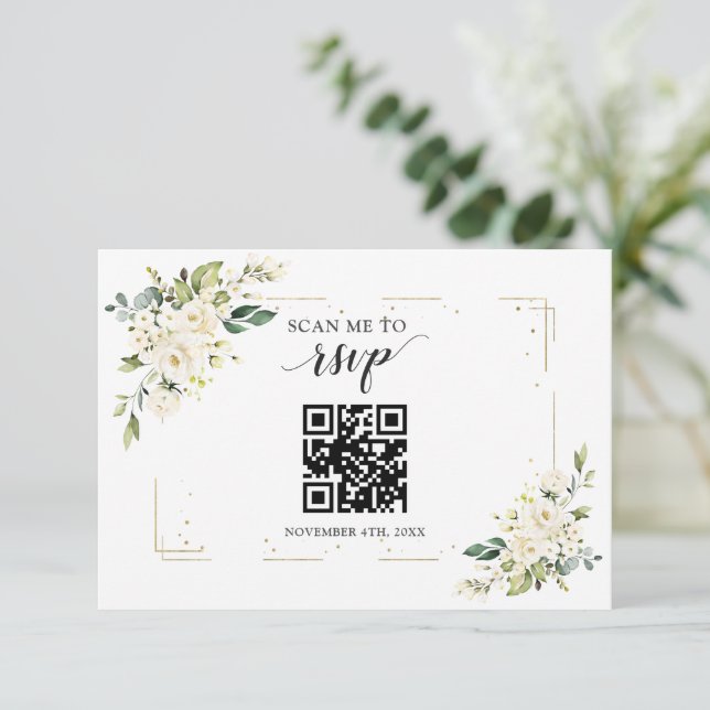 Charm White Floral Gold QR Code Wedding  RSVP Card (Standing Front)