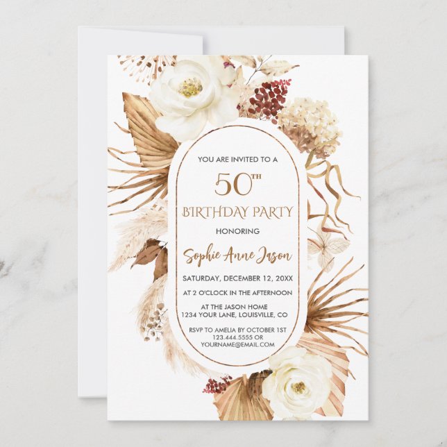 Charm White Floral Pampas Grass Palm 50th Birthday Invitation (Front)