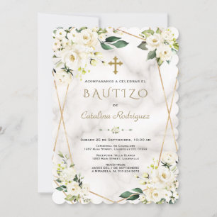Charm White Floral Spanish Invitacion De Bautizo Invitation